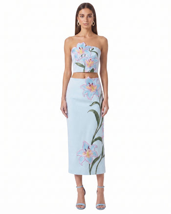 Lily High-Waist-Bleistift-Midirock mit Blumenstickerei - Hellblau