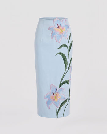 Lily High-Waist-Bleistift-Midirock mit Blumenstickerei - Hellblau