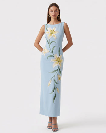 Lily Ärmelloses Maxi-Säulenkleid mit Blumenmuster - Hellblau