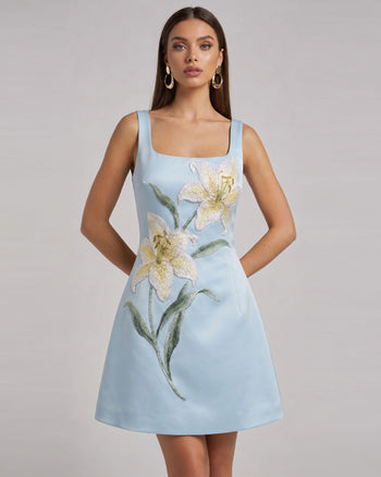 Lily Ärmelloses A-Linien-Minikleid mit Blumenmuster - Hellblau