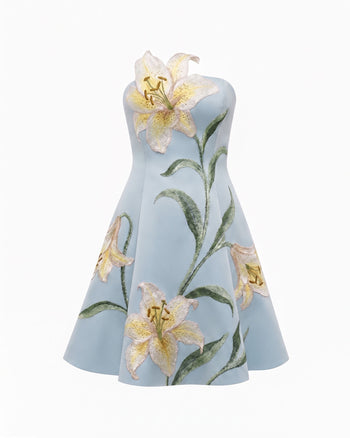 Lily Trägerloses A-Linien-Minikleid mit Blumenmuster - Hellblau