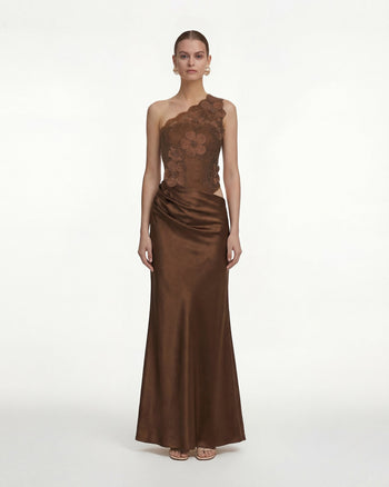 Florales One-Shoulder-Satinkleid - Braun