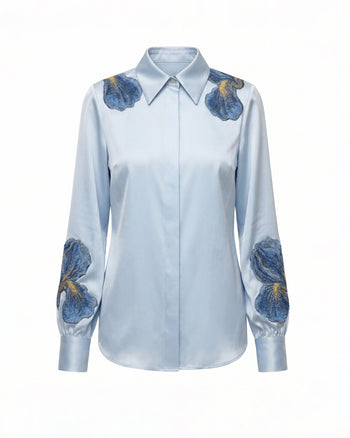 Iris Bestickte Hemdbluse mit Kragen und langen Ärmeln - Hellblau