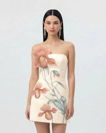 Minikleid mit Frauenschuh-Orchideen-Applikation – Elfenbein/Pfirsichrosa