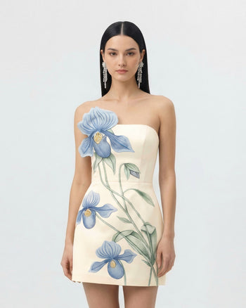 Frauenschuh-Orchideen-Applikations-Minikleid - Elfenbein/Blau