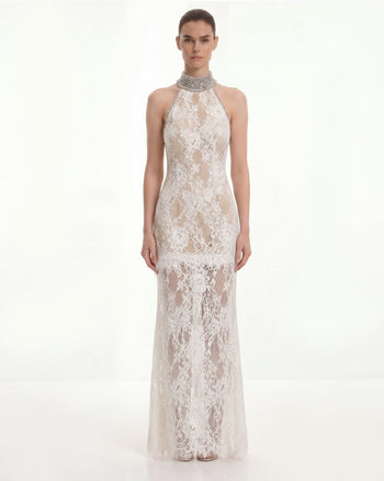 Mit Schmucksteinen verziertes Spitzen-Neckholder-Kleid - Weiß