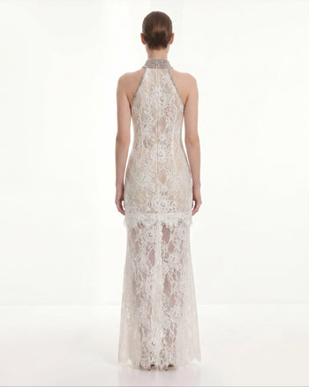 Mit Schmucksteinen verziertes Spitzen-Neckholder-Kleid - Weiß