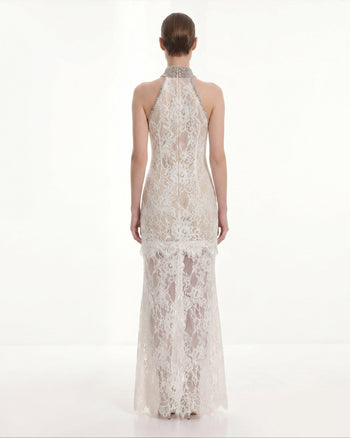 Juwelenbesetztes Neckholder-Kleid aus Spitze - Weiß