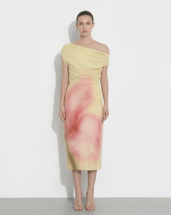 Asymmetrisches One-Shoulder-Midikleid mit Aquarell-Blumenmuster - Gelb