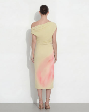 Asymmetrisches One-Shoulder-Midikleid mit Aquarell-Blumenmuster - Gelb