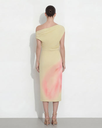 Asymmetrisches One-Shoulder-Midikleid mit Aquarell-Blumenmuster - Gelb