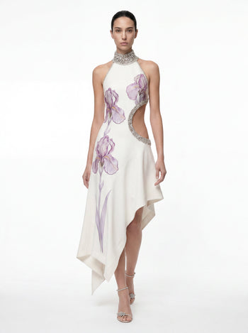 Hochgeschlossenes Kleid mit Floral, Juwelenbesatz und Cut-outs - Weiß