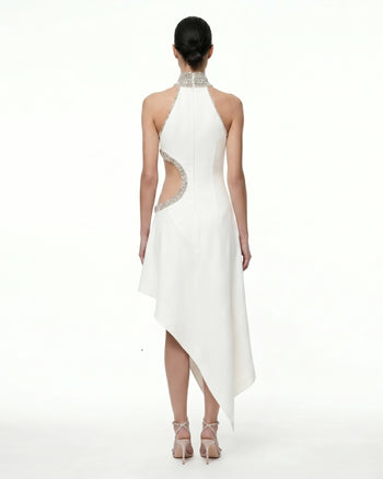 Hochgeschlossenes Kleid mit Floral, Juwelenbesatz und Cut-outs - Weiß