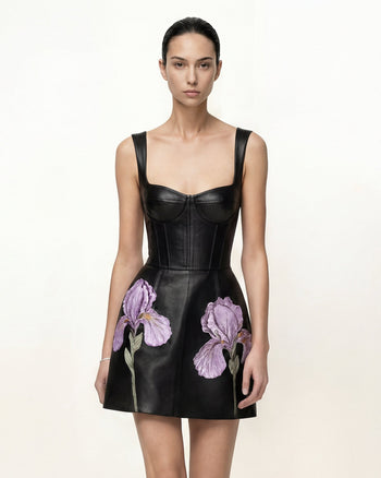 Korsettkleid mit Iris-Blumenprint – Schwarz