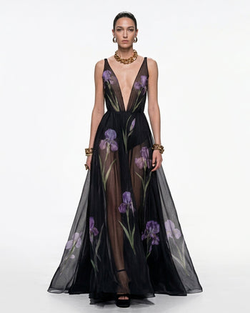 Transparentes Maxikleid mit Blumenprint - Schwarz