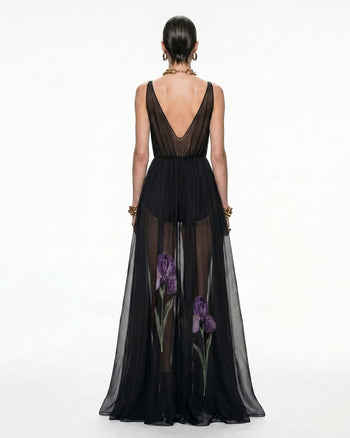 Transparentes Maxikleid mit Blumenmuster - Schwarz
