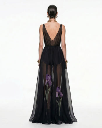 Transparentes Maxikleid mit Blumenprint - Schwarz