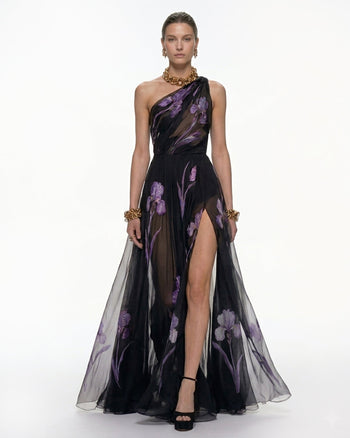 Florales One-Shoulder-Maxikleid - Schwarz