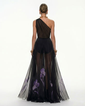 Florales One-Shoulder-Maxikleid - Schwarz