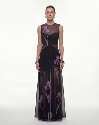 Transparentes Maxikleid mit Blumenprint und Einsätzen - Schwarz
