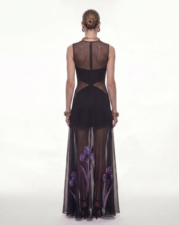 Transparentes Maxikleid mit Blumenmuster und Einsätzen - Schwarz