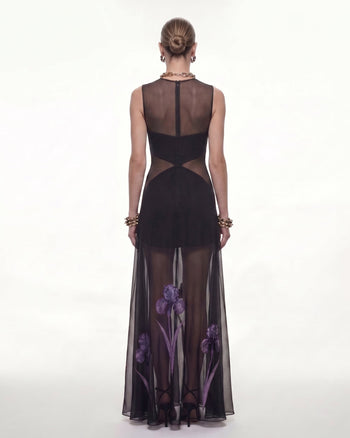 Transparentes Maxikleid mit Blumenprint und Einsätzen - Schwarz
