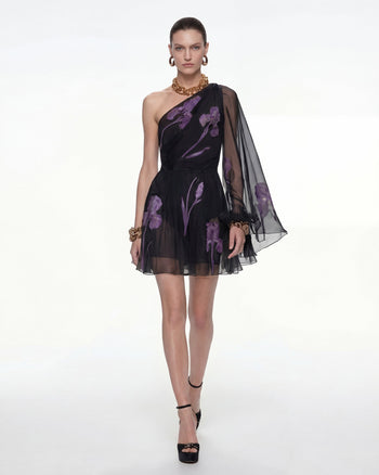 One-Schulter-Mesh-Kleid mit Blumenmuster - Schwarz