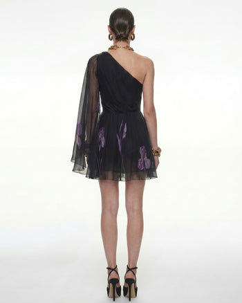 One-Schulter-Mesh-Kleid mit Blumenmuster - Schwarz