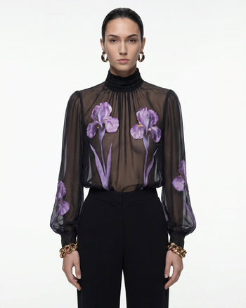 Transparente Stehkragenbluse mit Iris-Print - Schwarz/Lila