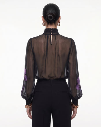 Transparente, hochgeschlossene Bluse mit Iris-Print - Schwarz/Lila