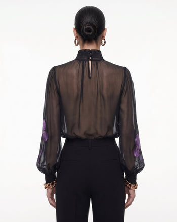 Transparente Stehkragenbluse mit Iris-Print - Schwarz/Lila