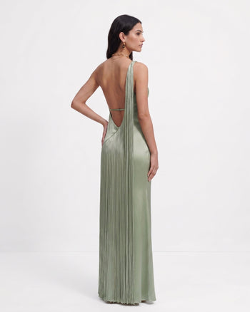 One-Shoulder-Maxikleid mit Fransen – Salbeigrün