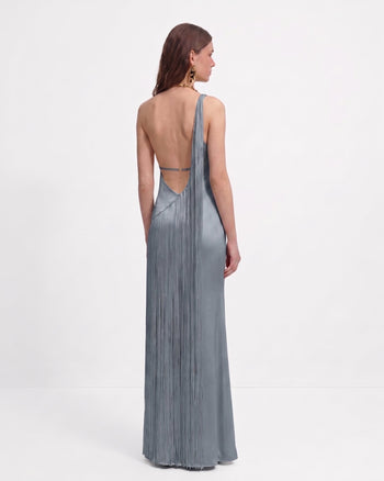 One-Shoulder-Maxikleid mit Fransen – Misty Blue