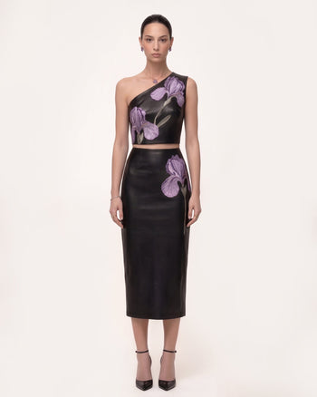 Iris High-Waist-Leder-Bleistiftrock in Midilänge mit Blumenmuster - Schwarz