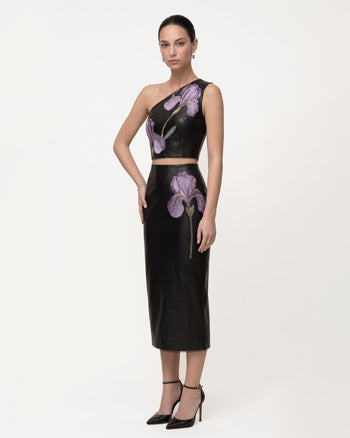 Iris High-Waist-Leder-Bleistiftrock in Midilänge mit Blumenmuster - Schwarz