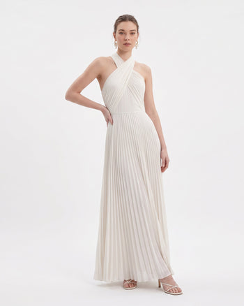 Plissiertes Maxikleid mit überkreuztem Neckholder - Elfenbein