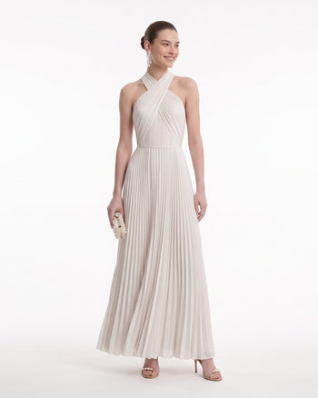 Plissiertes Maxikleid mit überkreuztem Neckholder - Elfenbein