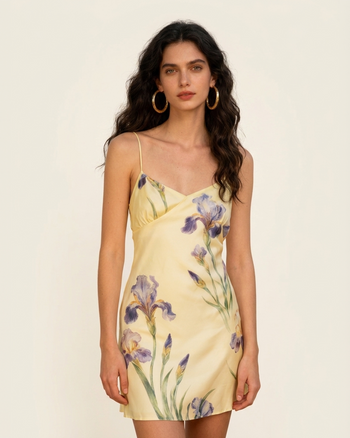 Iris Satin-Minikleid mit Print und Trägern – Pastellgelb