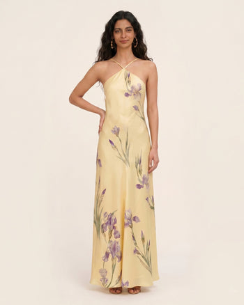 Iris Rückenfreies Maxikleid mit Überkreuz-Neckholder und Print - Gelb