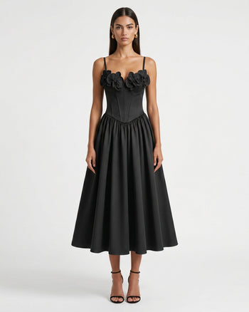 Maxikleid mit Korsett und Orchideen-Stickerei-Applikation - Schwarz