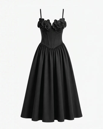 Maxikleid mit Korsett und Orchideen-Stickerei-Applikation - Schwarz