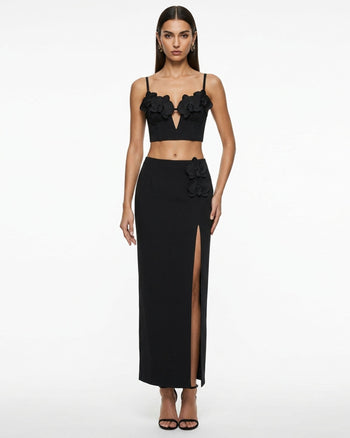 Korsett-Bustier-Top mit Orchideen-Stickerei-Applikation - Schwarz
