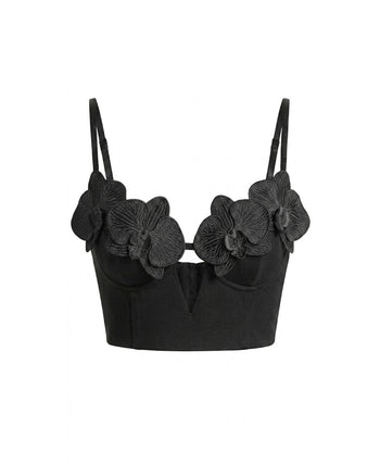 Korsett-Bustier-Top mit Orchideen-Stickerei-Applikation - Schwarz
