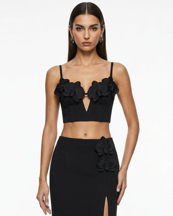 Korsett-Bustier-Top mit Orchideen-Stickerei-Applikation - Schwarz