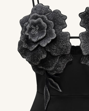 3D Blumen-Maxikleid mit Trägern - Schwarz