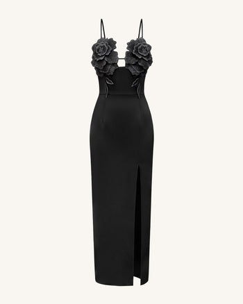 3D Blumen-Maxikleid mit Trägern - Schwarz