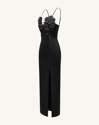3D Blumen-Maxikleid mit Trägern - Schwarz