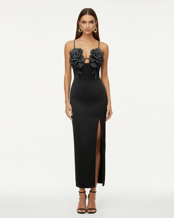 3D Blumen-Maxikleid mit Trägern - Schwarz