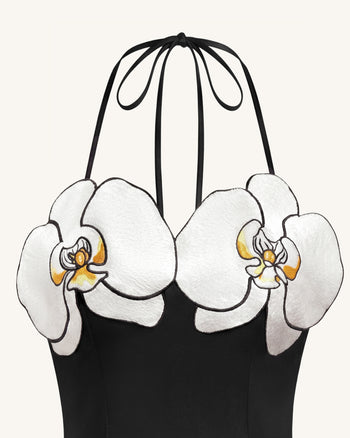 High-Low Midi-Kleid mit Orchideen-Stickerei - Schwarz