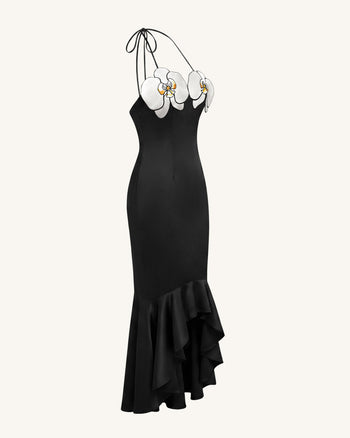 High-Low Midi-Kleid mit Orchideen-Stickerei - Schwarz